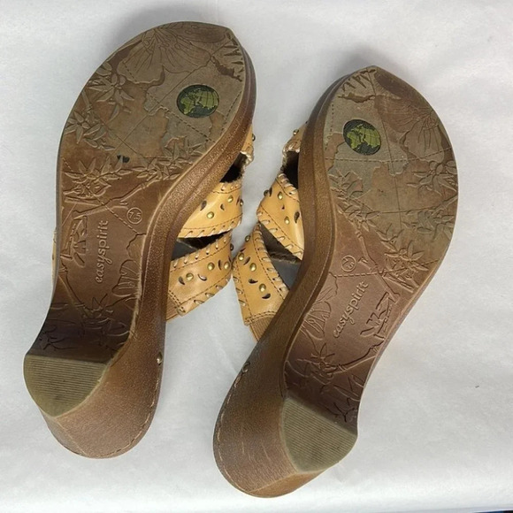 EASY SPIRIT Melinka Sandals Tan Cutout Leather Slide Brass Platform Size 7.5 - Picture 8 of 10